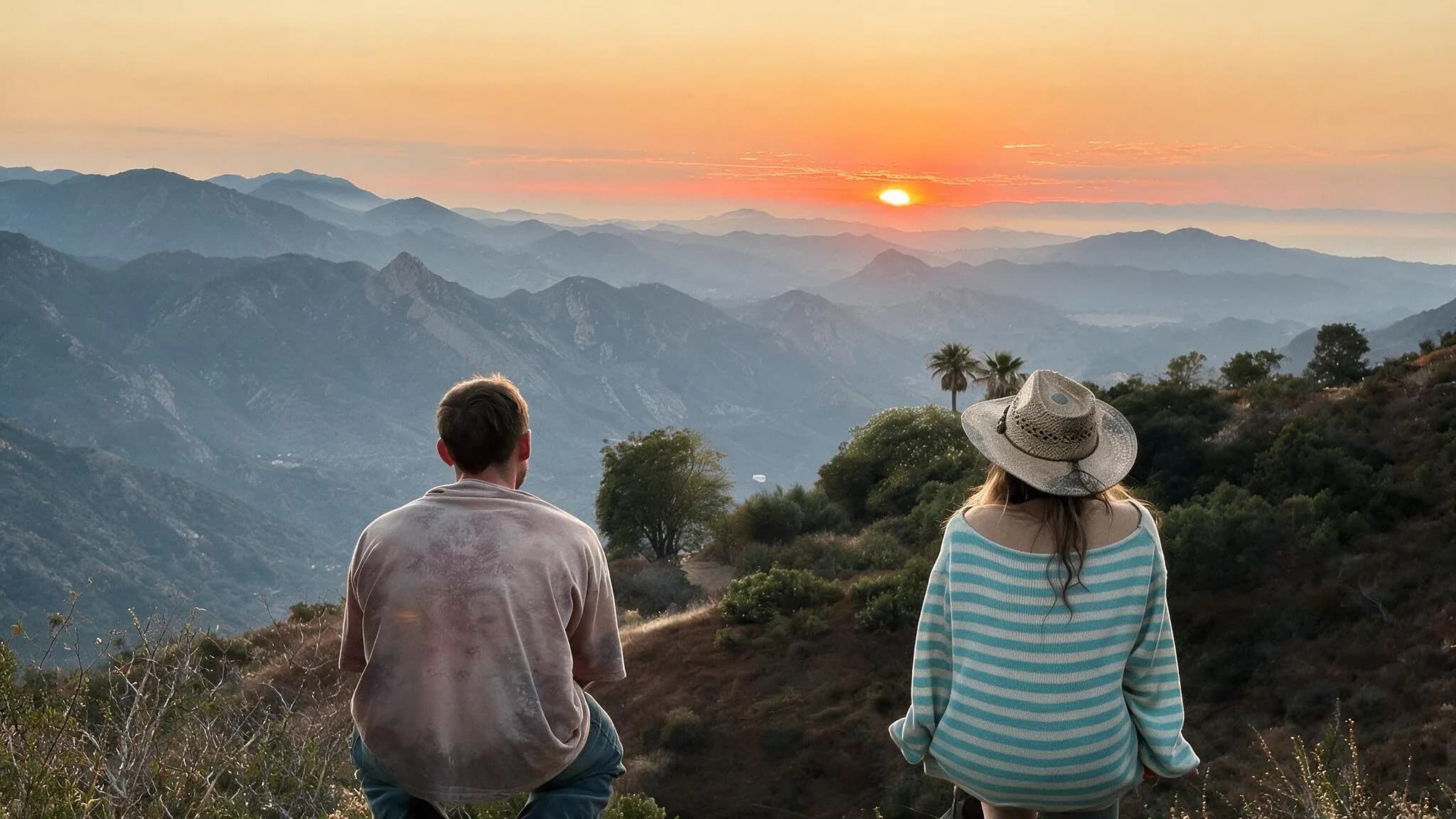 Two people sitting on a hillside watching the sun set over the Malibu mountains