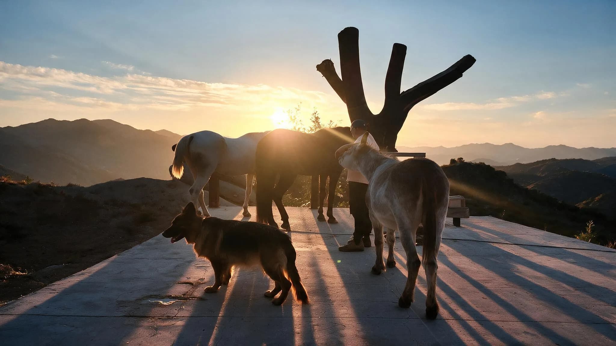 Horses, a donkey and a dog gathered with a person at sunset, long shadows across the ground